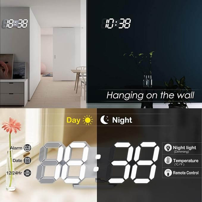 KOSUMOSU 3D LED Digital Wall Clock ,9.7", Large Display Table/ Desk Clock with Remote Control 12/24H Temperature (White Light) - Image 2