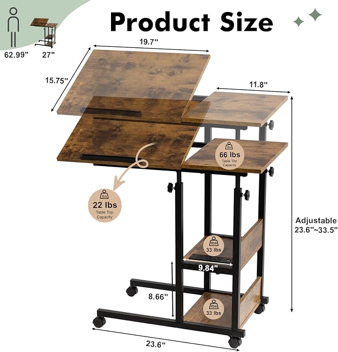 Hadulcet Adjustable C Table with Charging Station, Tiltable Desk C Shaped End Table for Couch, Over Bed Table with Wheels Adjustable Height, Hospital Table Laptop Stand Drawing Desk, Rustic Brown - Image 2