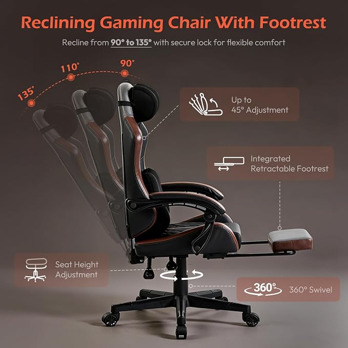 Ergonomic Gaming Chair for Adults with Footrest - PU Leather Computer Gamer Chair with Memory Foam Headrest & Lumbar Pillow, Reclining Silla Gamer Video Game Chair for Home Office, Black & Grey - Image 4