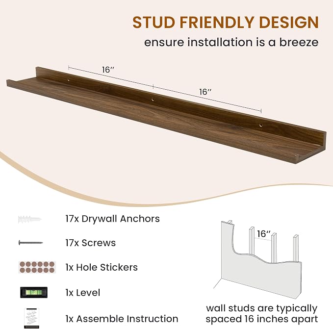 Picture Ledge Shelf, Floating Shelves for Wall Decor, Walnut, 6Pcs, 48'' - Image 5