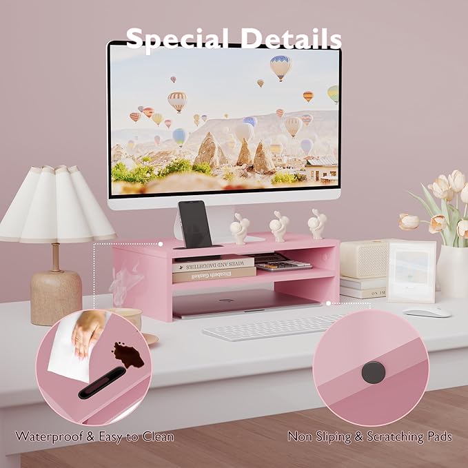 BONTEC Wooden Monitor Stand Riser for Desk, 2-Tier Computer Monitor Stand | 66 lbs Desk Shelf Organizer with Storage, Laptop & Printer Stand with Phone Holder and Cable Management, Pink, 16.5 Inch - Image 6