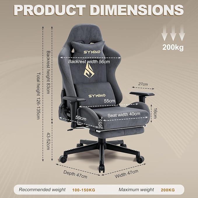 Symino Gaming Chair, High Back Ergonomic Office Chair with 2D Adjustable Armrests, 150° Recline, Breathable Faux Suede, Adjustable Headrest & Footrest for Home Office - Image 3