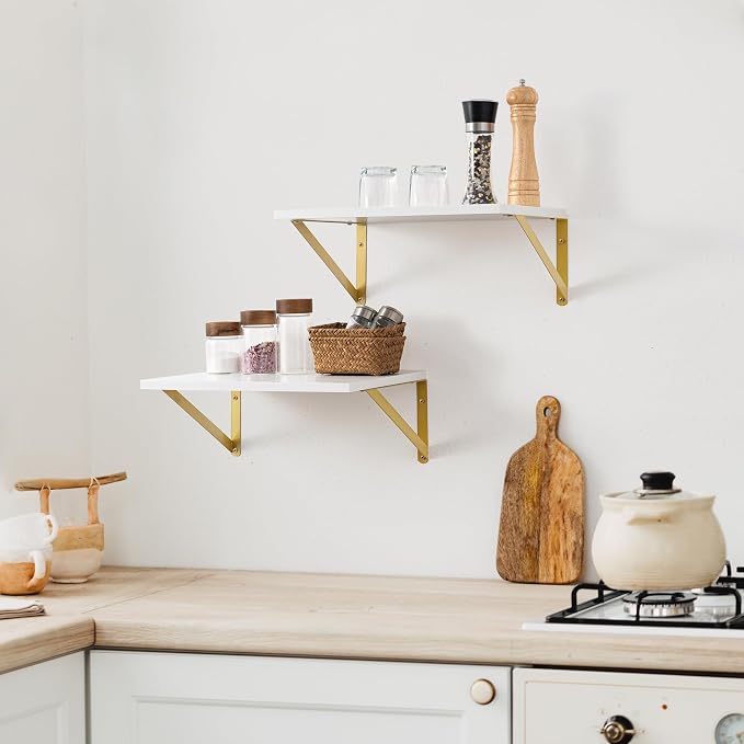 Axeman Deep Floating Shelves for Wall, 12 Inch Deep White and Gold Shelves Set of 2, 16W x 12D White Wood Wall Shelves with Golden Brackets for Bedroom Bathroom Living Room Kitchen - White & Gold - Image 2