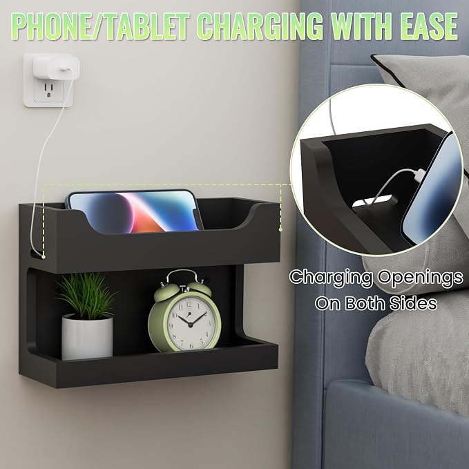 NiHome Bedside Wall Shelf Organizer, Wood 2-Tier Floating Nightstand, Black - Image 4
