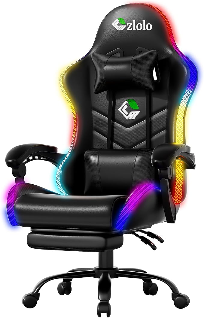 Czlolo Gaming Chair, RGB LED Lights Computer Chair with Footrest, Lumbar Support Massager Gamer Chair, High Back, 90-135° Reclining, Linkage Armrests, Black by GamersChoice