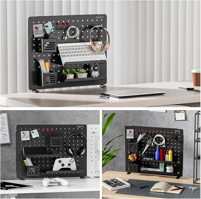 PEGZONE Clamp on Desk Pegboard, 20.4" x 16.5", with 15 Accessories, Black | Magnetic Metal Peg Board, Desk Organizer for Office Gaming Home, Privacy Panel, Large - Image 5