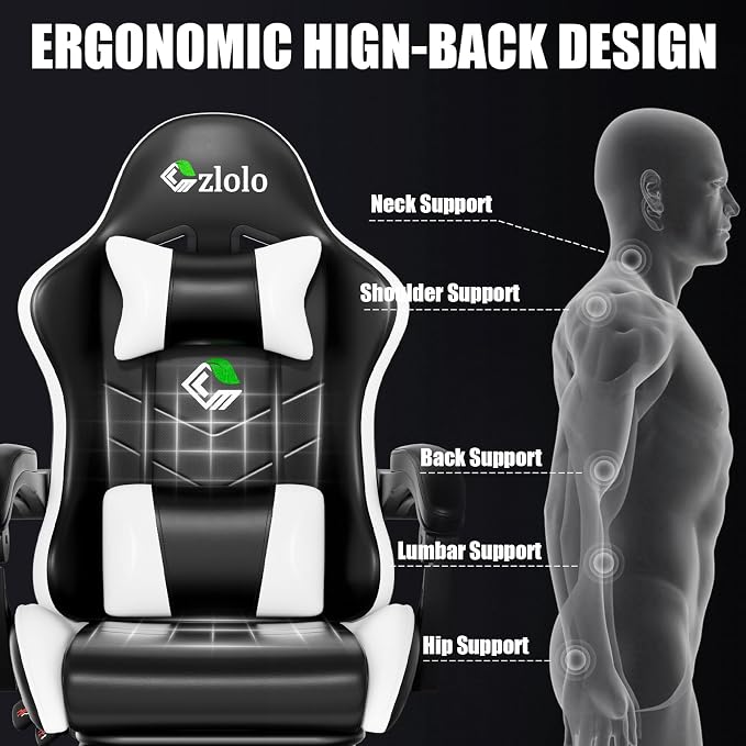 Czlolo Gaming Chair, Ergonomic Office Computer Chair with Footrest and Lumbar Support Massager High Back Video Gamer Chair, Wide＆Thick Cushion, 90°-135° Recline, Adjustable Height, Cloud White - Image 3