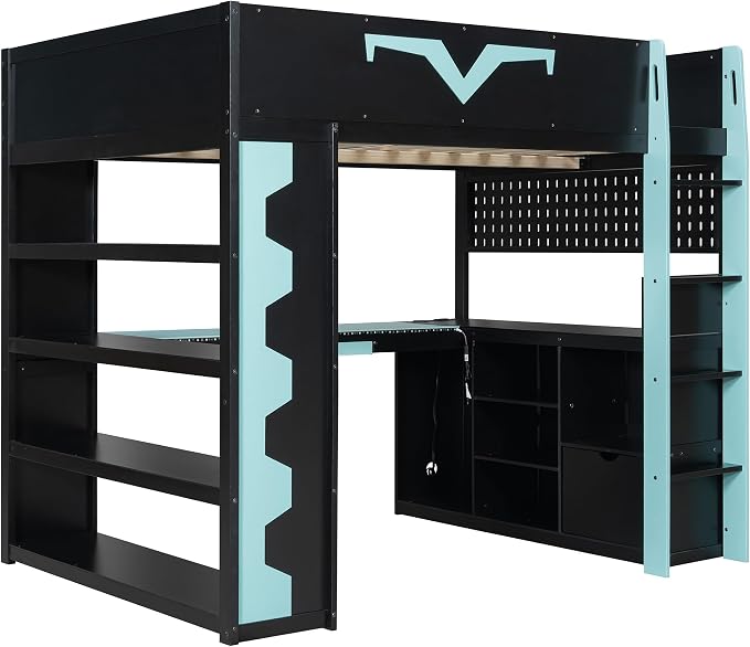 Merax Full Size Gaming Loft Bed with Desk and RGB LED Lights, Pro-Gamer Bed with Power Outlet, Large Bookshelf, Pegboard, Keyboard Tray & Drawer, Blue - Image 4