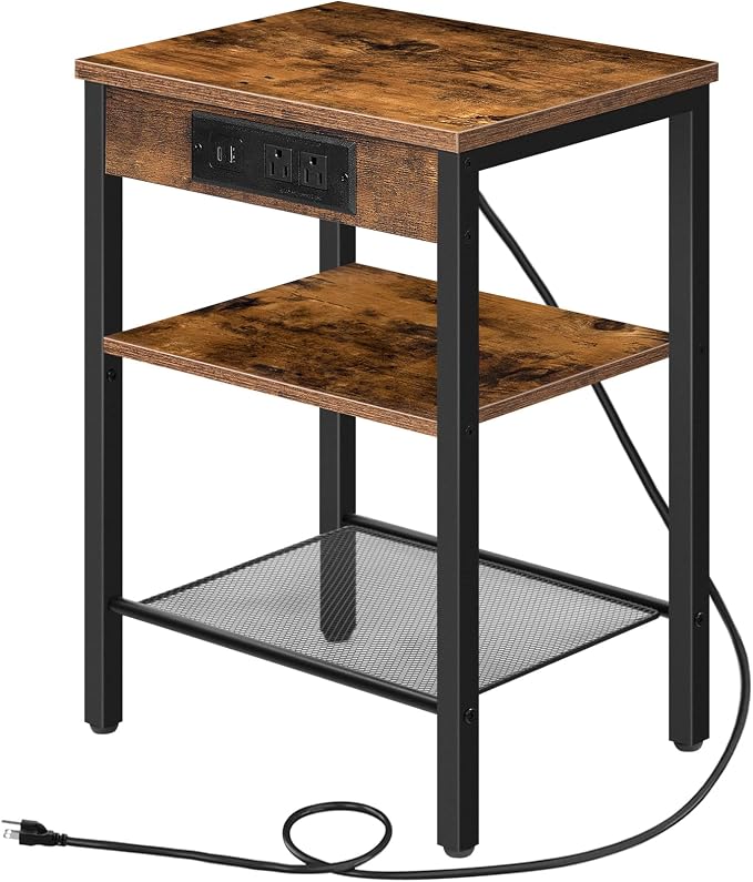 HOOBRO Side Table with Charging Station and USB Port, Small End Table for Small Space, 3-Tier Nightstand with Adjustable Shelf, for Living Room, Bedroom, Rustic Brown BF112BZ01 by HOOBRO
