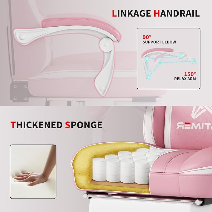 Gamtimer Gaming Chair with Footrest, Ergonomic Computer Chair, PU Breathable Material with Headrest and Lumbar Support, Suitable for Silla Gamer and Adults(Pink) - Image 5