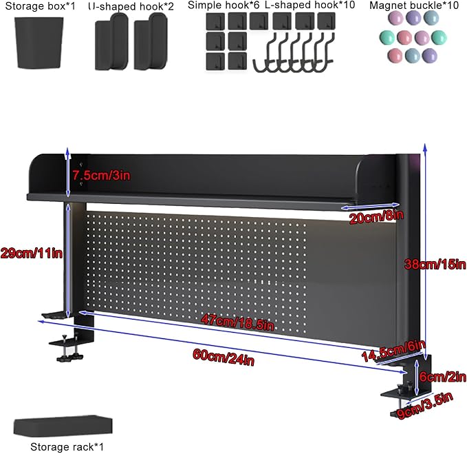 Clamp on Desk Shelf, Desk Shelf, Gaming Desk Accessories, Steel Pegboard for Desk, Adjustable Desk Extender Side Table, Modern Desktop Display Shelf(60x20x38cm/24x8x15in) - Image 2