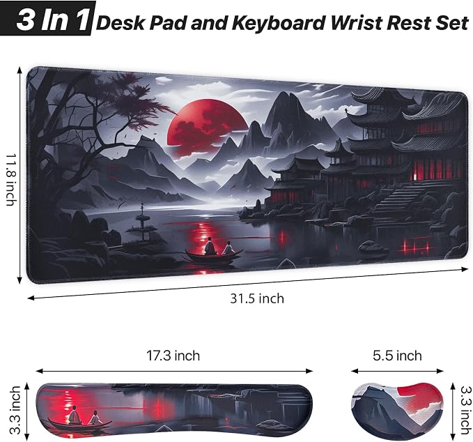 3-in-1 Large Gaming Mouse Pad, Anime Mouse Pad & Keyboard Wrist Rest Support, Memory Foam Ergonomic, Japanese Red Moon Desk Mat Set for Home Office Study Game, 31.5 X 11.8 Inch - Image 2