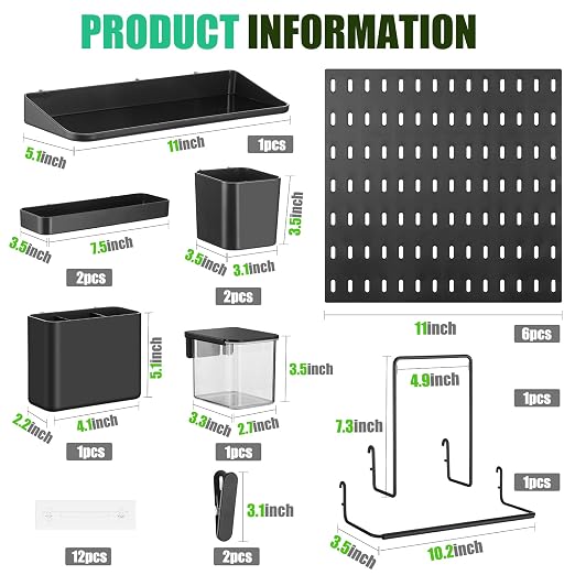 Unittype 17 Pcs Peg Board Combination Kit, 6 Plastic Wall Pegboard with 11 Accessories, 33" x 22" Desk Pegboard Organizer with Shelf Hook for Office, Kitchen, Gaming, Garage, Craft Room(Black) - Image 2