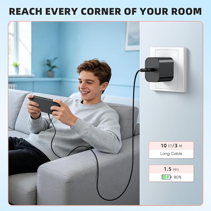 Switch 2 Charger with 10FT(3M) Charging Cable - 60W Support 4K TV Dock Mode, Supply 20V/3A Fast Cord for Switch/OLED/Lite&Steam Deck/Xbox 360 Console - Original Quality (10FT) - Image 3
