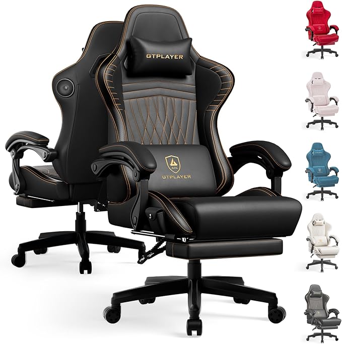 GTPLAYER ACE-PRO Music Gaming Chairs – Built-in Speakers, App Support & Bluetooth Control, Computer Game Chairs with Footrest for Adults, Ergonomic, Reclining, Linkage Armrest, Black & Orange Stitch by GTPLAYER