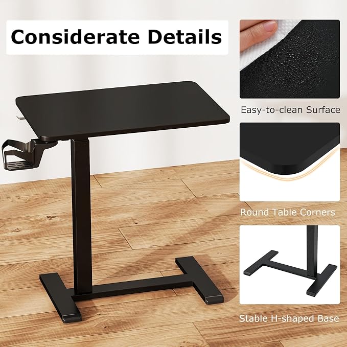 Tangkula Mobile Standing Desk, Pneumatic Height Adjustable Rolling Desk with Cup Holder & Headphone Hook, Overbed Table with Hidden Wheels, Laptop Computer Cart for Couch, Home, Office (Black) - Image 8