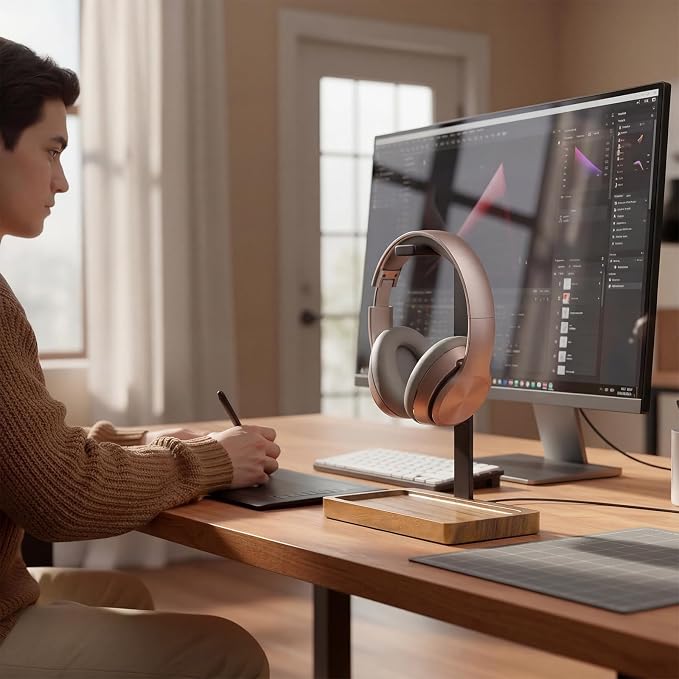 Wood Headphone Stand, Walnut Headset Stand for Desk, Universal Headphone Holder with Storage Base for Gaming, Music Headsets(Light Brown) - Image 5