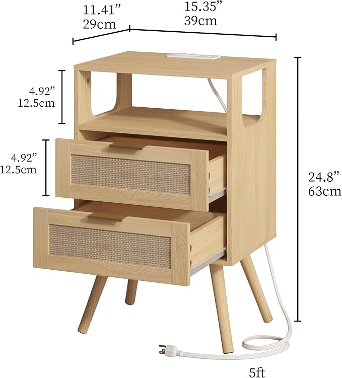 JOONEE Rattan Nightstand with Charging Station,Farmhouse Bedside Table with 2 Storage Drawer and Open Wood Shelf, for Bedroom and Small Spaces,Night Stand with Solid Wood Legs (Yellow Oak-Outlet) - Image 2