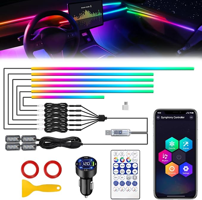 Dreamcolor Acrylic Interior Car LED Strip Light with USB/Type C/4-Port USB Cigarette Lighter,RGB 10 in 1 with 175 inches 650 LEDs Ambient Lighting Kits, Sound Active Function Neon Led Strips for Car by MAODANER