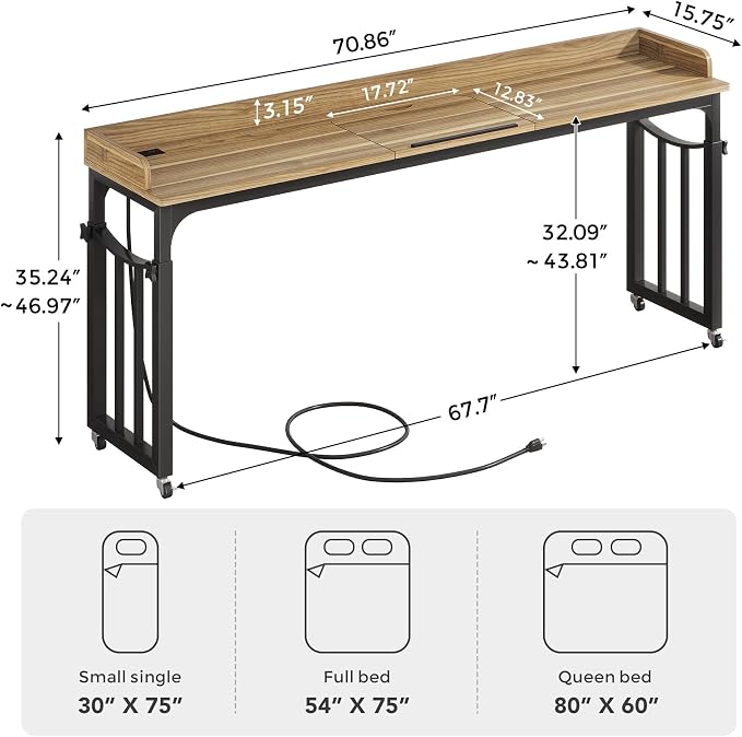 71 in Queen Size Overbed Table with Wheels, Light Brown - Image 2