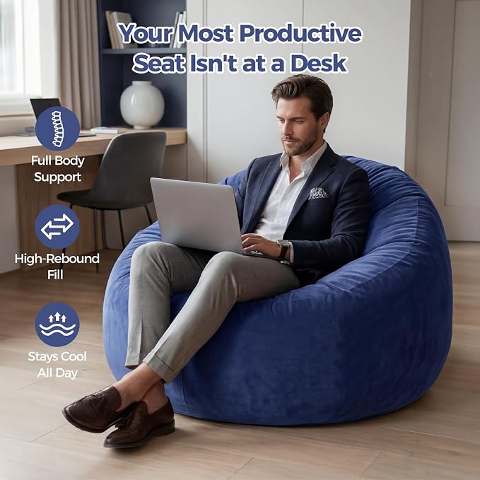 ACH 4ft Bean Bag Chair for Adults, Large Oversized Memory Foam Floor Chair, Machine Washable Velvet Cover, Living Room and Bedroom, (Blue,Large) - Image 5