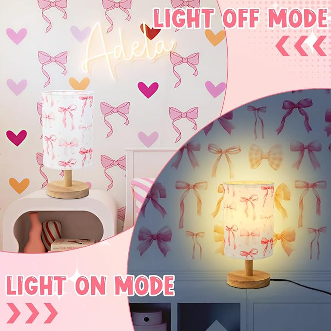 Bow Kids Table Lamp for Bedroom Kids Bedside Lamp with Linen Wooden Nightstand Cartoon Nursery Lampshade for Girls Room Pink Bow Decor - Image 4