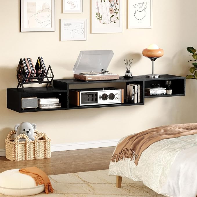 59 Inch Floating TV Stand with LED Light & Power Outlet, Black - Image 6