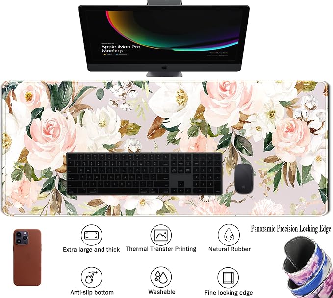 Pink Flowers Keyboard Pad PC Gaming Desk Mat Desk Mouse Pads Green Leaves Floral Mouse Pad Large, Computer XL Big Mousepad Deskpad Mat with Stitched Edge for Women Home Office Decor 31.5x11.8 in - Image 3