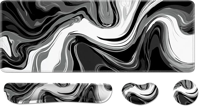 Desk Pad and Keyboard Wrist Rest, Large Mouse Pad + Keyboard Pad+Mouse Wrist Support, Non-Slip Desk Mat Protector for Office, Home 31.5×11.8 Inches Black & White Abstraction by AFUZLE