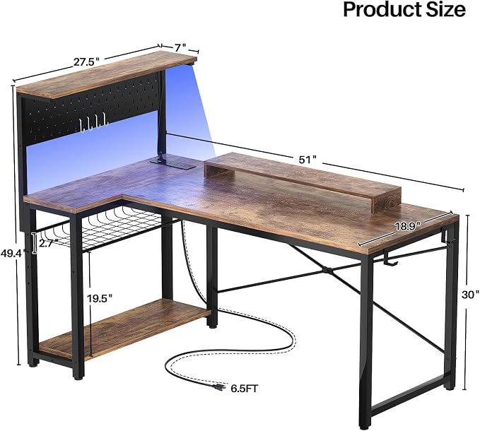 Homieasy Small Gaming Desk with Power Outlets Pegboard LED Light, 51 Inch L Shaped Computer Desk with Monitor Stand Storage Shelves, Reversible Corner Desk with Headset Hooks, Rustic Brown - Image 3