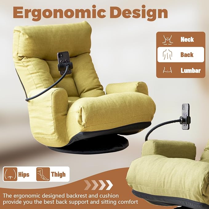 360° Swivel Floor Green Gaming Chair Linen Folding Lounge Sofa Chair with Adjustable Head and Waist, Armrests & Phone Holder, Padded Cushion Leisure Chairs for Living Room Bedroom - Image 6