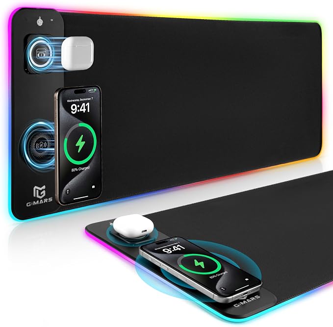 Gimars Upgrade 3 in 1 RGB Mouse Pad with 15W Magnetic Fast Wireless Charging, 31.5x11.8x0.16in Gaming Mousepad, 15 Color Modes, Waterproof Non-Slip XXL Desk Mat with Smooth Surface for Home Office PC by Gimars