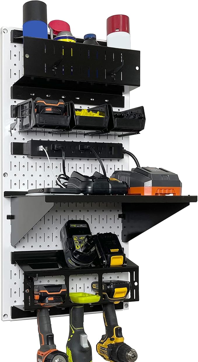 Wall Control Power Tool Storage Organizer Kit Cordless Drill Holder Charging Station Rack 16” x 32” Metal Pegboard Organization System (White Pegboard) by Wall+Control