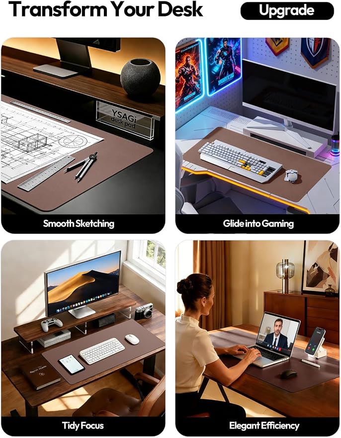 YSAGi Leather Desk Protector, Office Mat, Large Mouse Mat, Non-Slip PU Leather Blotter, Laptop Desk, Waterproof Writing Pad for Office and Home (Chocolate, 47" x 17") - Image 2