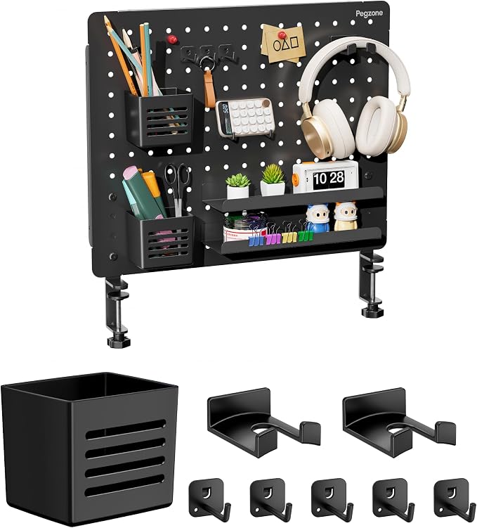 PEGZONE 20.4" x 16.5" Clamp-on Desk Pegboard, Bundle with 8 Pieces Accessories, Black by Pegzone