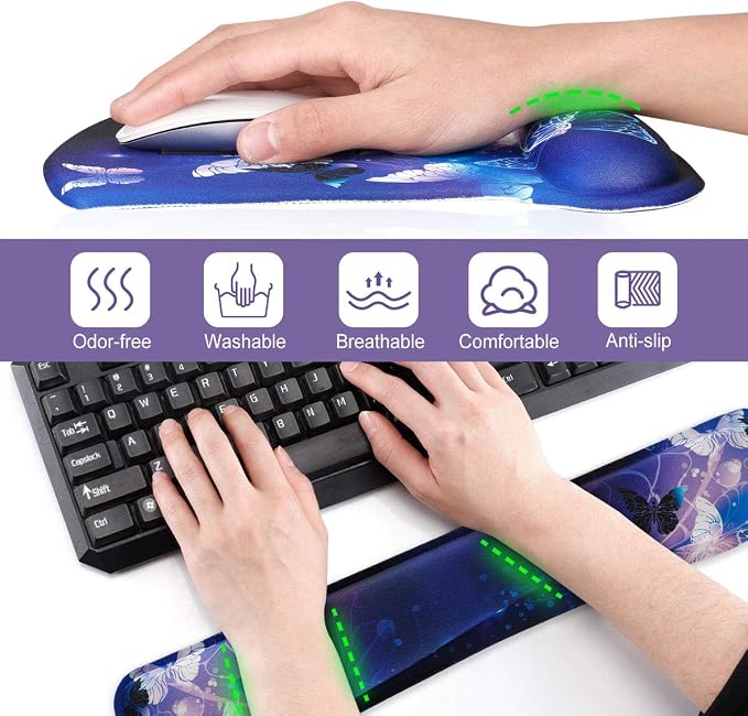 ToLuLu Keyboard Wrist Rest Pad Ergonomic Mouse Pad Set, Gel Mouse Pad for Computer Laptop, Non Slip Mousepad Keyboard Wrist Support Raised Memory Foam for Easy Typing Pain Relief, Art Butterflies - Image 4