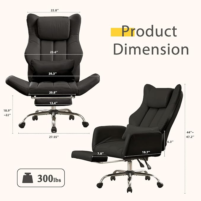 JOMEED Cross Legged Office Chair with Footrest,Flip Armrest,Black | Big and Tall Executive,Ergonomic Design with Lumbar Pillow, 155° Reclining, PU Leather Wide Desk Chair for Home and Office - Image 2