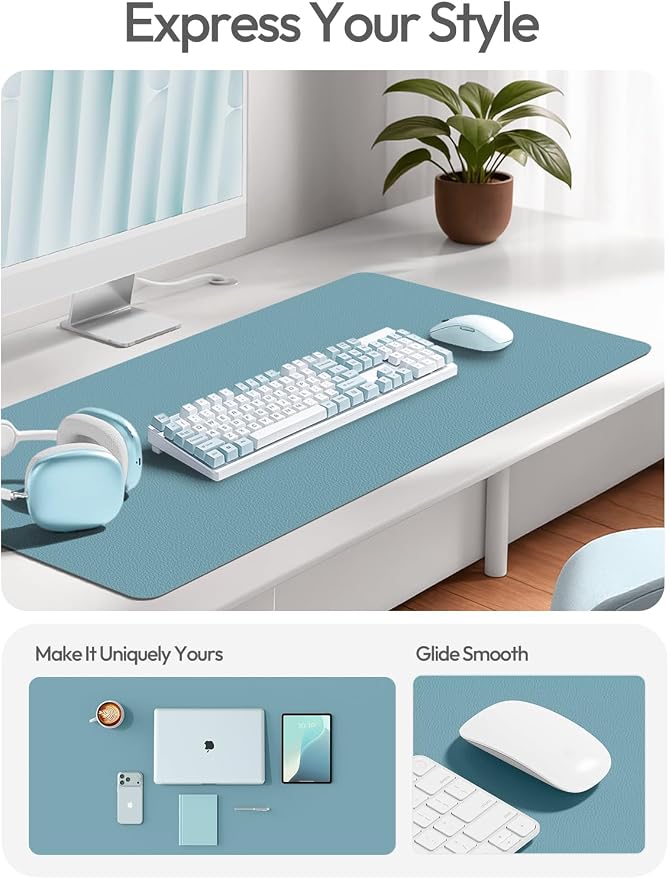 YSAGi Leather Desk Protector, Office Mat, Large Mouse Mat, Non-Slip PU Leather Blotter, Laptop Desk Mat, Waterproof Writing Pad for Office and Home(Aquamarine, 63" x 24") - Image 2