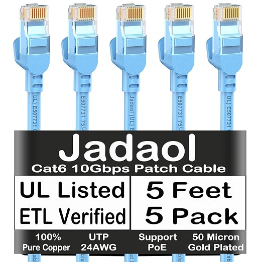 Jadaol [UL Listed Cat 6 Ethernet Cable 5 ft 5Pack 10Gbps 24AWG PoE++, Blue by Jadaol