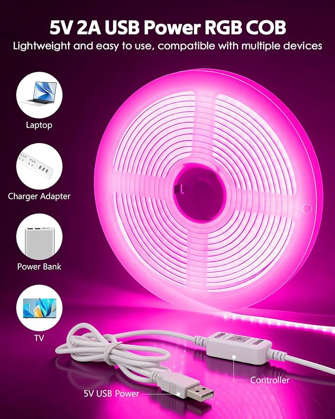 5V USB COB RGB LED Light Strip With Remote 576LED/M 4.92FT Rope Lights 1.5M - Image 5