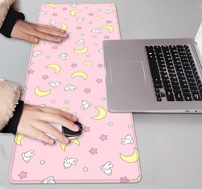 IMAYONDIA Pink Kawaii Desk Pad, Cute Moon Bunny Desk Mat Computer Pad Desktop,Laptop Protector Aesthetic Anime Mousepad Writing Pad for Office Home School,Large Gaming Mouse Pad Tarot Mat,31.5 X 11.8 - Image 7