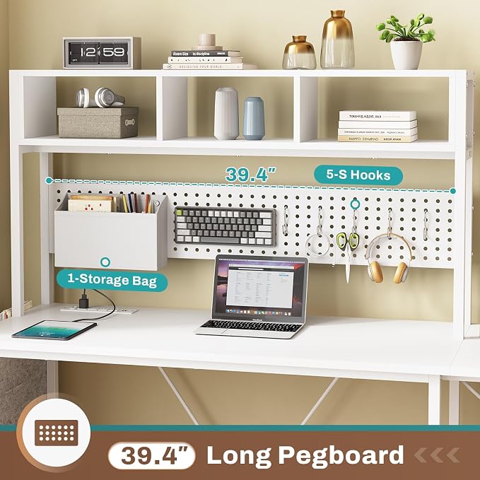 SEDETA White L Shaped Office Desk, 57.5” Corner Computer Desk with Power Outlet Pegboard and Keyboard Tray, Gaming Table with LED Lights, Hutch and Storage Shelves for Home Office - Image 4