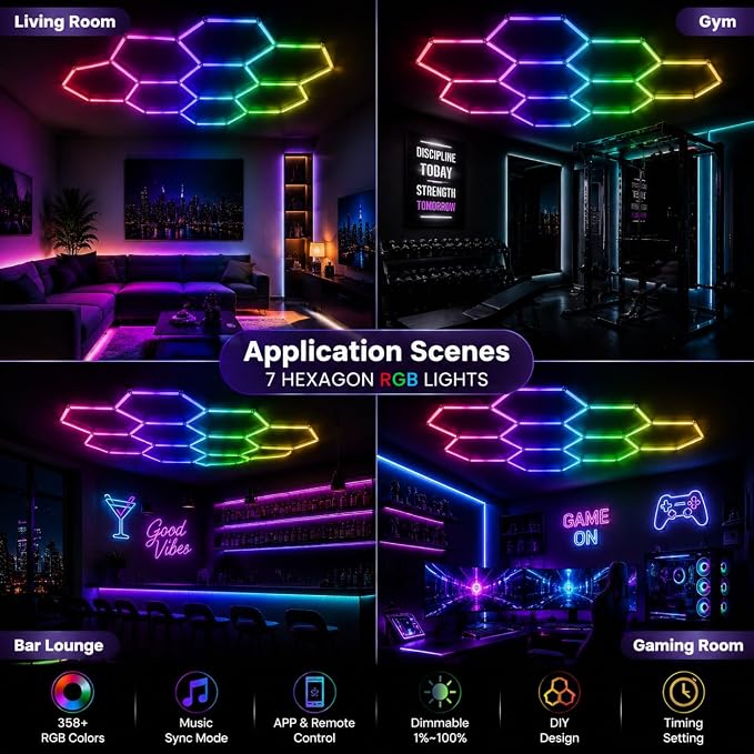 31Pack RGB Hexagon led Garage Lights,7 Hexagon Light with Multi Color,Dimmable&Speed Adjustable RGB Hex Wall Lights,DIY Design for Remote Control & Smart App Control Music Modes - Image 9