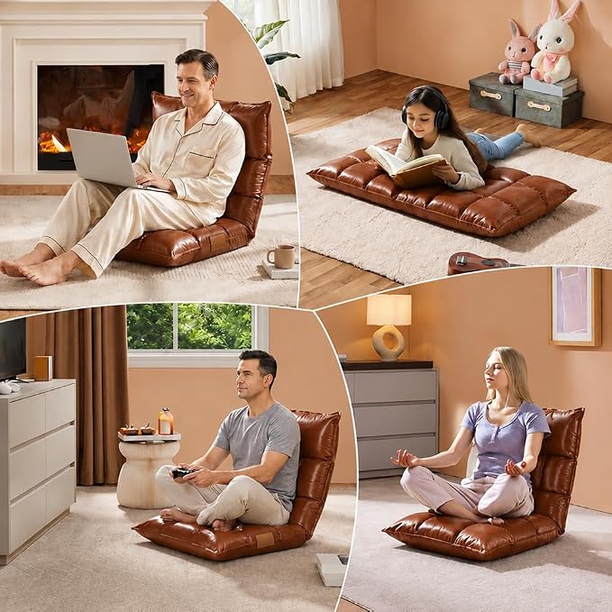 Floor Chair with Back Support, 42-Position Adjustable Gaming Chair for Adults, Faux Leather Floor Lounger, Reading Chairs with Neck Support, Foldable Floor Seat for Sleeping, Gaming (Brown) - Image 9