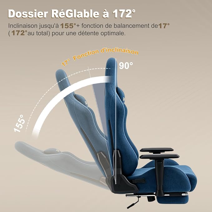 Symino Gaming Chair, High Back Ergonomic Office Chair with 2D Adjustable Armrests, 150° Recline, Breathable Faux Suede, Adjustable Headrest & Footrest for Home Office - Image 4