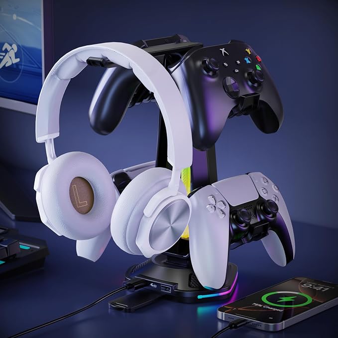 Luckit Gaming Headphones Stand, RGB Headset Stand with 12 Light Modes, Controller Holder with 2 USB Charging Ports - Supports Data Transfer, Earphone Hanger Accessories for Desktop Gamer - Image 8