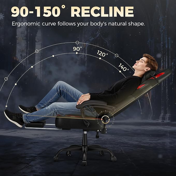 GTPLAYER Big and Tall Gaming Chair for Adults, Ergonomic Office Chair with Footrest, Heavy Duty 350 lbs Capacity, High Back, Premium Leather & Iridescent Trim, ACE-Armor, Black & Red - Image 4