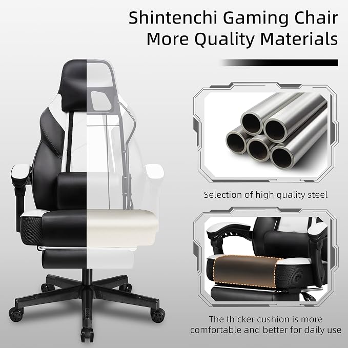 Shintenchi Gaming Chair,Video Game Chair with footrest and Massage Lumbar Support,Height Adjustable Game Chair with 360°Swivel Seat Ergonomic Computer Chair with Headrest for Office or Gaming(White) - Image 4