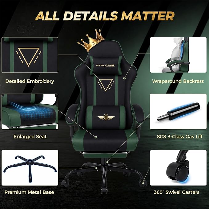 GTPLAYER Video Gaming Chair Fabric, Ergonomic Computer Chair with Footrest and Pocket Spring Cushion, Height Adjustable Video Gamer Chair with Lumbar Support for Adults, Green - Image 8