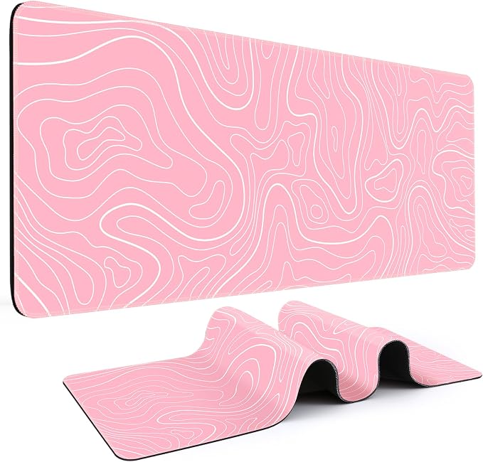 DIGSOM Gaming Mouse Pad, Pink with White Topographic Line, 31.5x11.8in | XL Mouse mat, Smooth surface, Anti-slip rubber base, For keyboard and mouse, For home and office use by DIGSOM